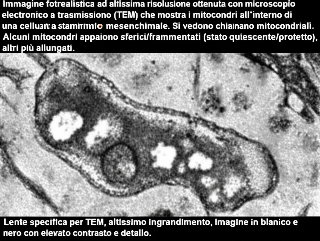 Immagine fotorealistica ad altissima risoluzione ottenuta con microscopio elettronico a trasmissione (TEM) che mostra i mitocondri all'interno di una cellula staminale mesenchimale. Si vedono chiaramente le cristae mitocondriali. Alcuni mitocondri appaiono sferici/frammentati (stato quiescente/protetto), altri più allungati. Lente specifica per TEM, altissimo ingrandimento, immagine in bianco e nero con elevato contrasto e dettaglio.