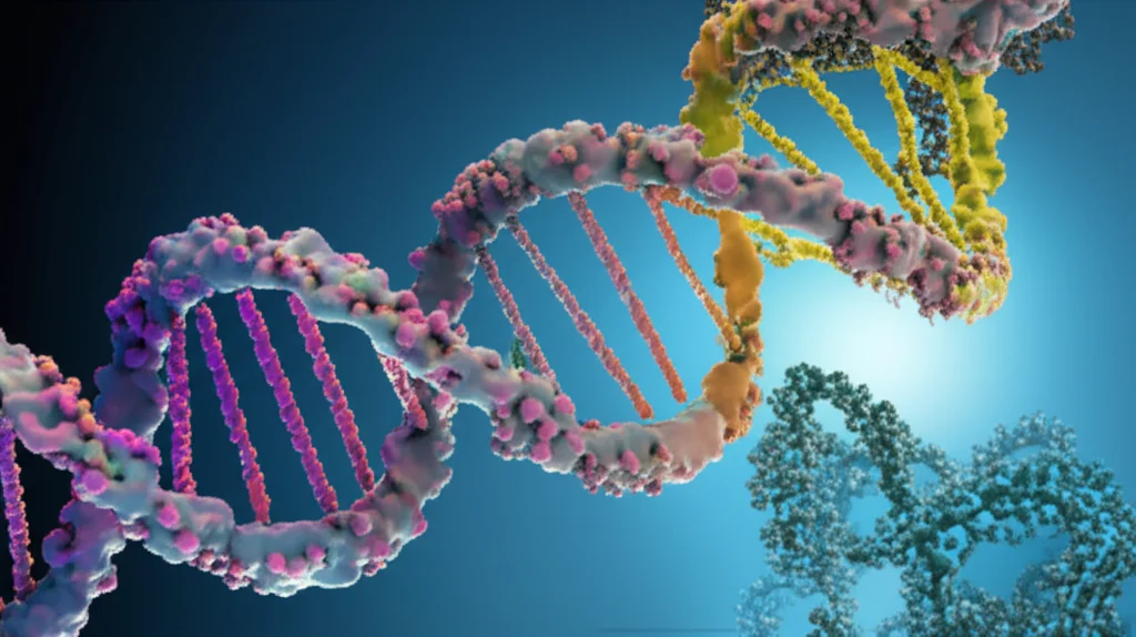 Illustrazione concettuale fotorealistica che mostra la proteina ATR (struttura molecolare stilizzata) che interagisce con un filamento di DNA danneggiato e contemporaneamente 'tocca' la proteina OCT4, aggiungendo un gruppo fosfato (sfera luminosa). Sfondo astratto blu e viola che richiama processi cellulari interni, profondità di campo ridotta per focalizzare sull'interazione molecolare, alta risoluzione.