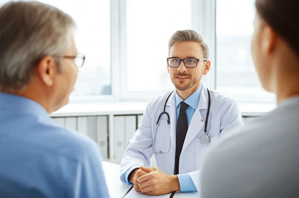 Primo piano di un medico di base sorridente che parla con un caregiver in uno studio medico accogliente, luce naturale dalla finestra, obiettivo 35mm, profondità di campo per sfocare leggermente lo sfondo.