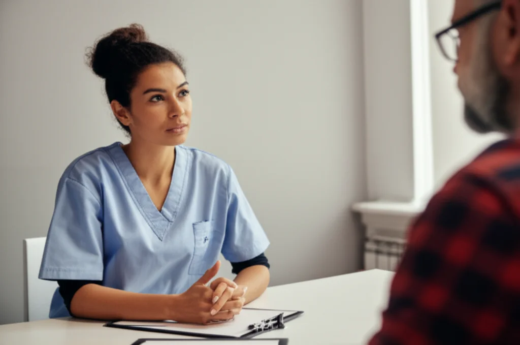 Un'infermiera seduta di fronte a un caregiver in uno studio medico, entrambi in conversazione seria ma empatica, macro lens 60mm per catturare i dettagli delle espressioni facciali, illuminazione controllata.