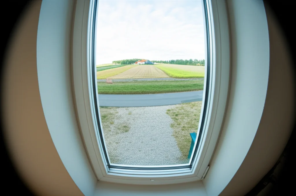 Un paesaggio rurale danese visto da una finestra di uno studio medico, ampio angolo 10mm, focus nitido sulla scena esterna per simboleggiare la distanza dalle risorse urbane e l'importanza del supporto locale.