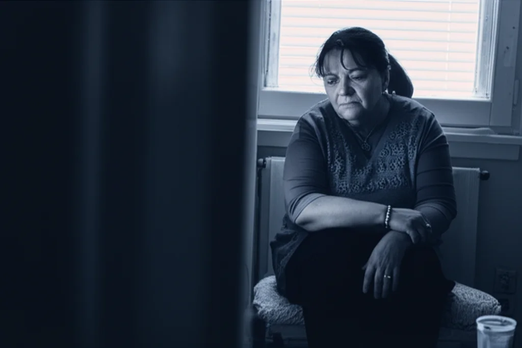 Una donna di mezza età, seduta in una stanza con luce soffusa, guarda fuori dalla finestra con espressione pensierosa e stanca, simboleggiando il peso della fibromialgia e delle comorbidità psicologiche. Fotografia ritratto, obiettivo 35mm, duotone blu e grigio, profondità di campo.