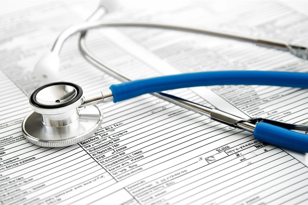Primo piano di cartelle cliniche e un fonendoscopio su una scrivania in uno studio medico, luce controllata che evidenzia i dettagli dei documenti, obiettivo macro 100mm, alta definizione, messa a fuoco precisa sui codici diagnostici.