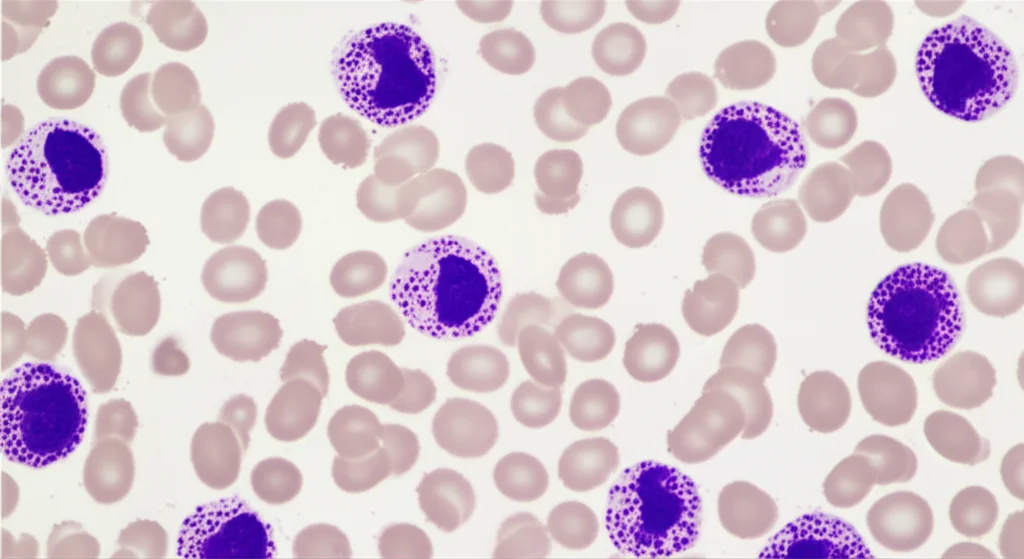 Immagine dettagliata di un vetrino da microscopio con cellule mononucleate visibili, messa a fuoco precisa, illuminazione da laboratorio, obiettivo macro 100mm, sfondo leggermente sfocato che suggerisce l'analisi scientifica.