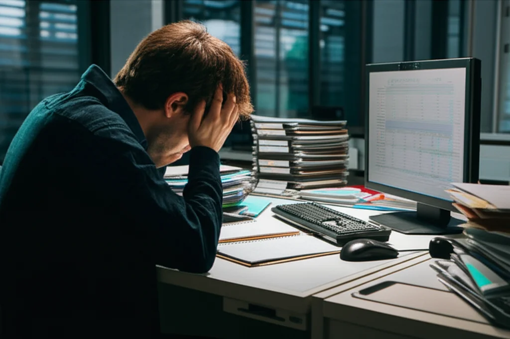Fotografia di un ufficio di codifica clinica, una persona visibilmente stressata davanti a uno schermo con codici medici complessi, pile di cartelle cliniche sullo sfondo. Obiettivo prime 35mm, illuminazione da ufficio controllata ma con ombre marcate per accentuare la difficoltà, leggera profondità di campo.