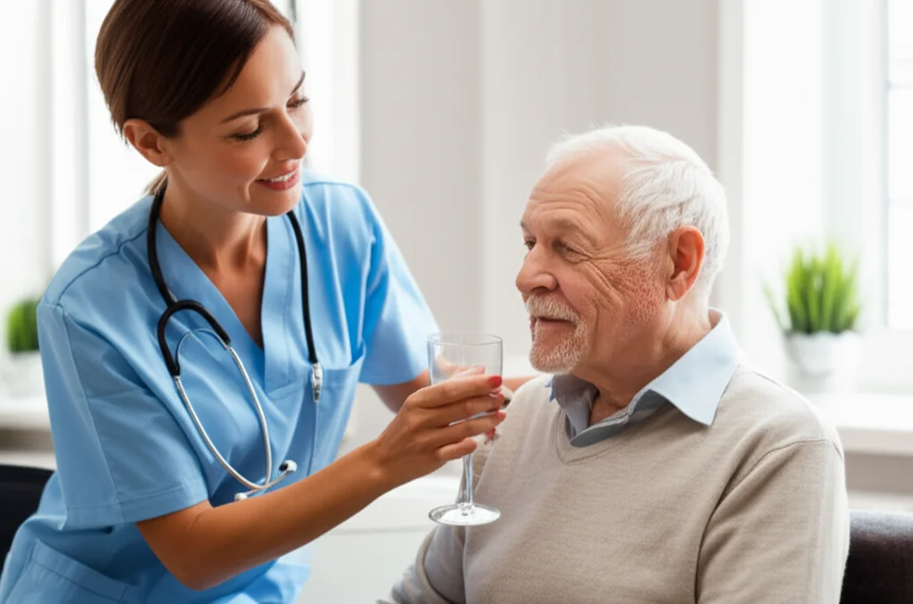 Fotografia realistica di un'infermiera sorridente di mezza età che aiuta con delicatezza un paziente anziano a bere da un bicchiere in una stanza luminosa e accogliente. Obiettivo prime 50mm, profondità di campo ridotta per mettere a fuoco l'interazione, luce naturale dalla finestra, colori caldi.
