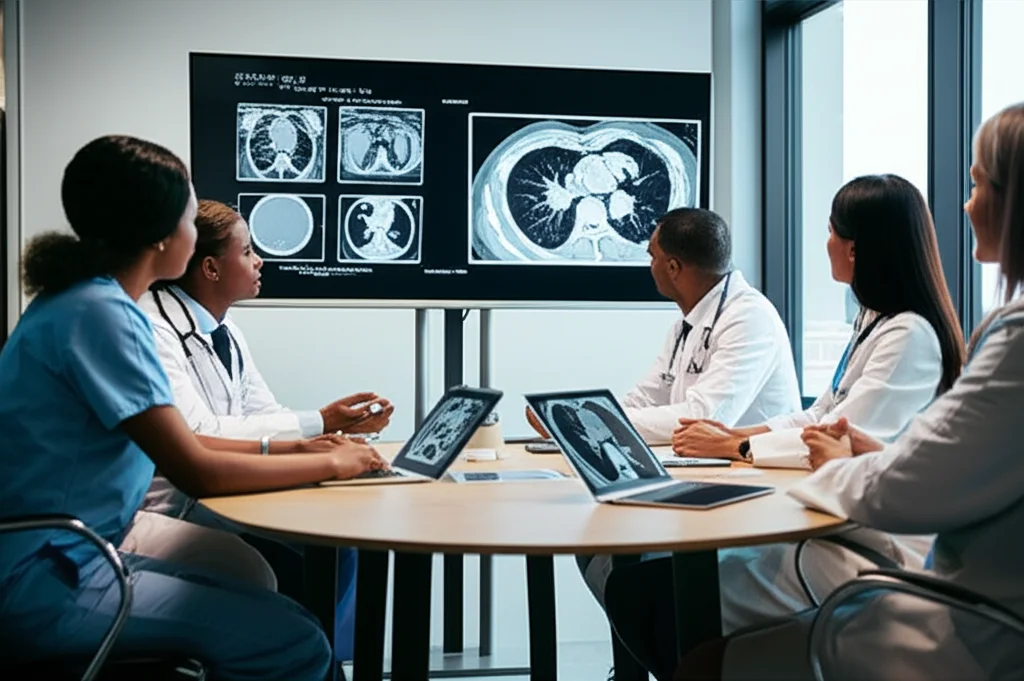 Immagine di una riunione di team multidisciplinare (MDM) in una sala conferenze ospedaliera moderna e luminosa. Medici e specialisti (circa 5-6 persone di etnie diverse) discutono animatamente ma in modo collaborativo attorno a un tavolo ovale, guardando immagini diagnostiche complesse (es. TAC polmonare con tumore evidenziato) su un grande schermo a parete. Alcuni prendono appunti su tablet. Obiettivo zoom 24-70mm per catturare l'ambiente e l'interazione, luce ambientale mista (artificiale e naturale da una finestra laterale), focus sull'interazione professionale e sulla tecnologia.