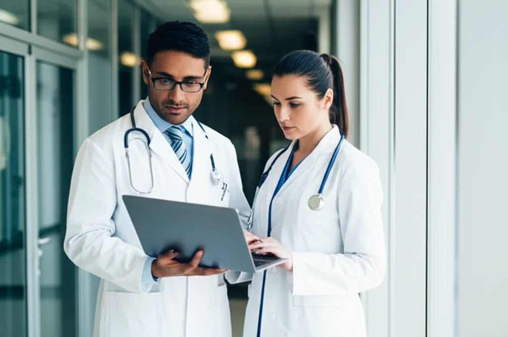 Due professionisti sanitari, un medico in camice bianco e una codificatrice clinica con un laptop, che collaborano fianco a fianco in un corridoio luminoso di ospedale. Stanno guardando insieme lo schermo del laptop, discutendo dati. Obiettivo 50mm, luce naturale diffusa da una grande finestra, espressioni concentrate ma collaborative, simboleggiando la ricerca di soluzioni condivise. Leggera profondità di campo per mantenere il focus sui soggetti.
