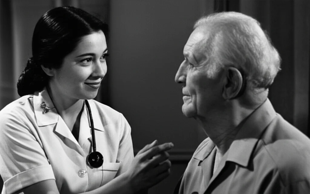 Primo piano realistico in bianco e nero di un'infermiera che ascolta attentamente un paziente anziano, con un leggero sorriso empatico. Obiettivo prime 35mm, stile film noir con contrasto accentuato, profondità di campo che isola i due soggetti.