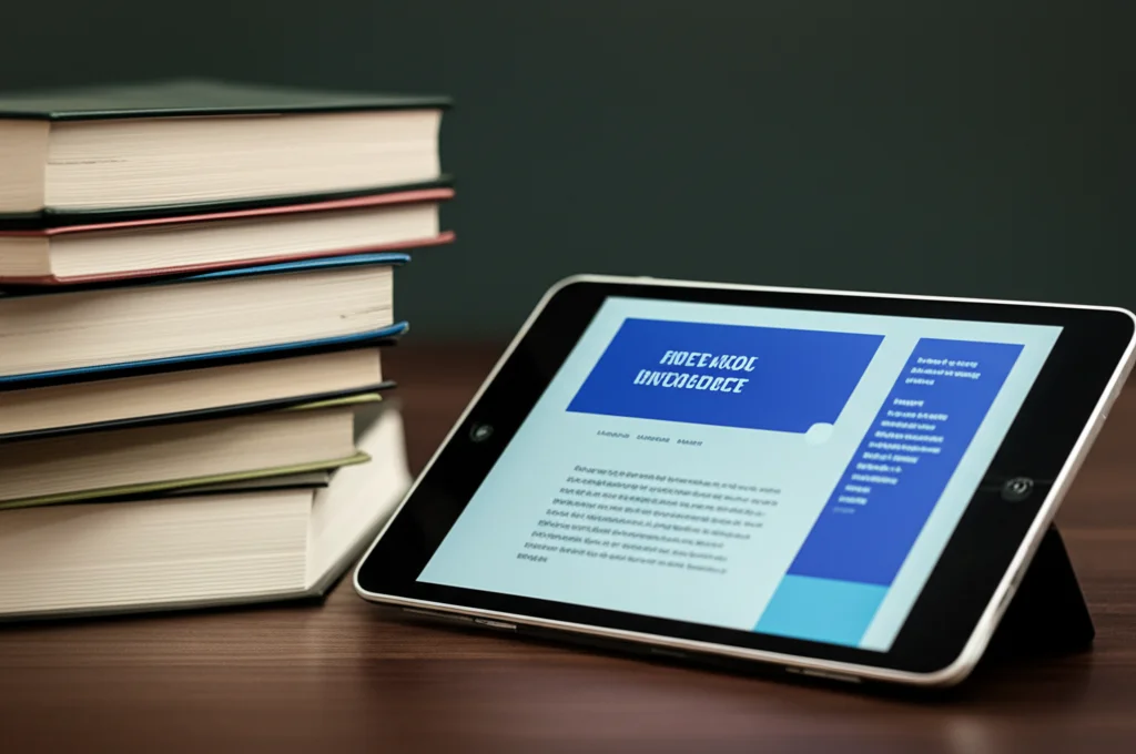 Immagine fotorealistica di una pila di vecchi libri di teorie infermieristiche su una scrivania accanto a un moderno tablet che mostra un protocollo clinico digitale. Obiettivo 60mm, luce da studio controllata, alta definizione per mostrare la texture della carta e la luminosità dello schermo, simboleggiando il divario teoria-pratica.