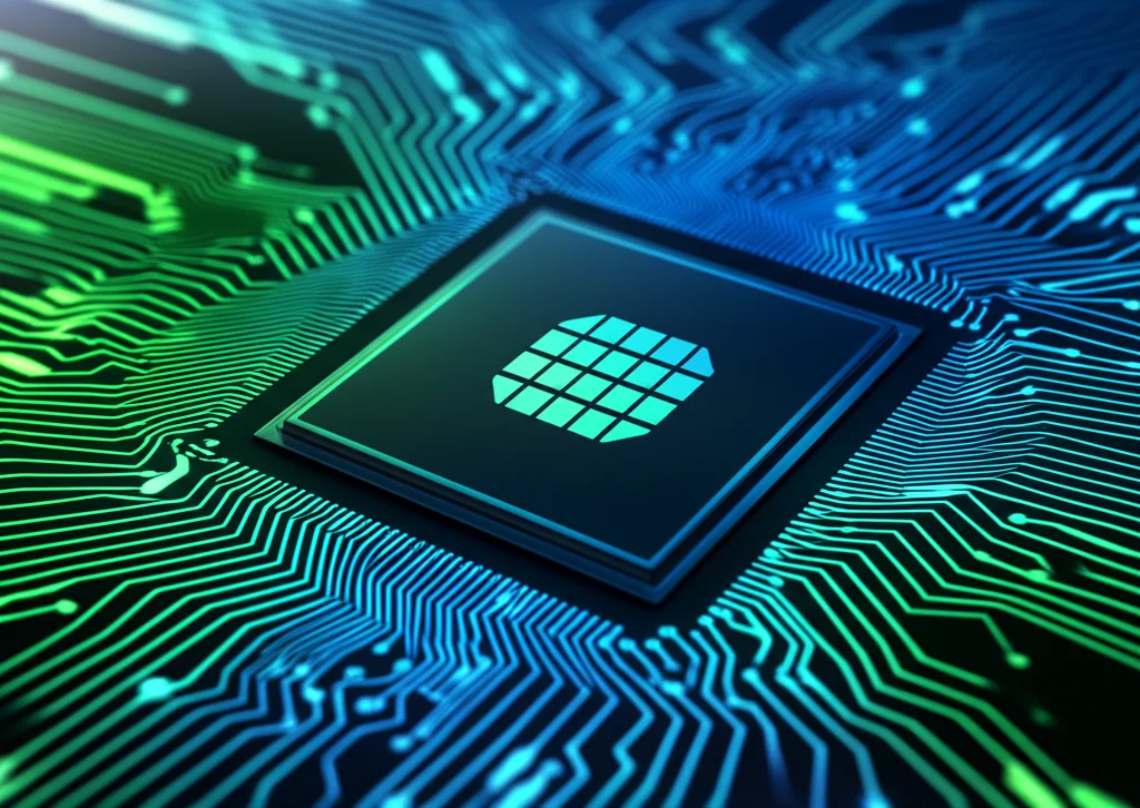 Fotografia macro di un microchip futuristico con linee di dati luminose blu e verdi che si irradiano verso l'esterno, simboleggiando il computation offloading. Lente macro 90mm, illuminazione controllata, alta definizione, focus preciso sui dettagli del chip.