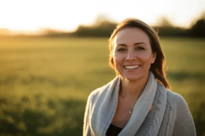 Donna di mezza età sorridente e determinata guarda verso l'orizzonte in un paesaggio naturale sereno all'alba, luce calda, obiettivo 35mm, profondità di campo che sfoca leggermente lo sfondo, simboleggiando speranza e ricerca nella lotta contro il cancro ovarico.