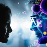 Immagine concettuale fotorealistica che mostra due profili stilizzati, uno di un bambino e uno di un adulto, sovrapposti a una rappresentazione microscopica di cellule beta pancreatiche e marcatori immunologici fluttuanti (anticorpi, cellule immunitarie). Obiettivo prime 50mm, profondità di campo che mette a fuoco l'interazione tra età e biologia, illuminazione soffusa ma chiara, stile scientifico ma accattivante.