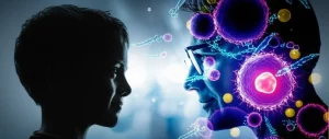 Immagine concettuale fotorealistica che mostra due profili stilizzati, uno di un bambino e uno di un adulto, sovrapposti a una rappresentazione microscopica di cellule beta pancreatiche e marcatori immunologici fluttuanti (anticorpi, cellule immunitarie). Obiettivo prime 50mm, profondità di campo che mette a fuoco l'interazione tra età e biologia, illuminazione soffusa ma chiara, stile scientifico ma accattivante.