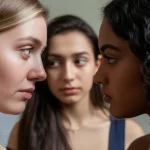 Immagine fotorealistica che mostra tre volti parzialmente visibili di persone con diverse tonalità di pelle (chiara, media, scura) che si guardano reciprocamente con espressioni complesse e difficili da interpretare, luce soffusa, obiettivo 35mm, profondità di campo media, a simboleggiare la complessità della percezione interrazziale delle microaggressioni.