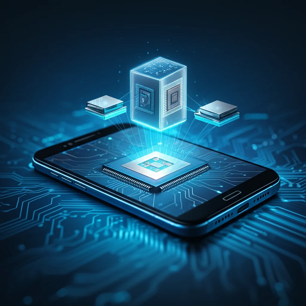 Immagine fotorealistica che mostra uno smartphone moderno al centro, da cui si diramano linee di dati luminose verso server edge stilizzati fluttuanti in uno sfondo astratto blu high-tech. Simboleggia il computation offloading potenziato dall'IA. Lente prime 50mm, profondità di campo, focus sullo smartphone, illuminazione drammatica.