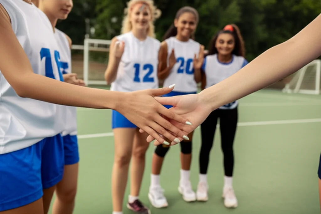 Immagine simbolo dell'inclusione nello sport liceale: una mano tesa aiuta a rialzarsi un'atleta caduta durante una partita, compagne di squadra di background diversi sullo sfondo, campo da gioco illuminato, teleobiettivo 70-200mm, fast shutter speed, cattura un momento di fair play e supporto reciproco.