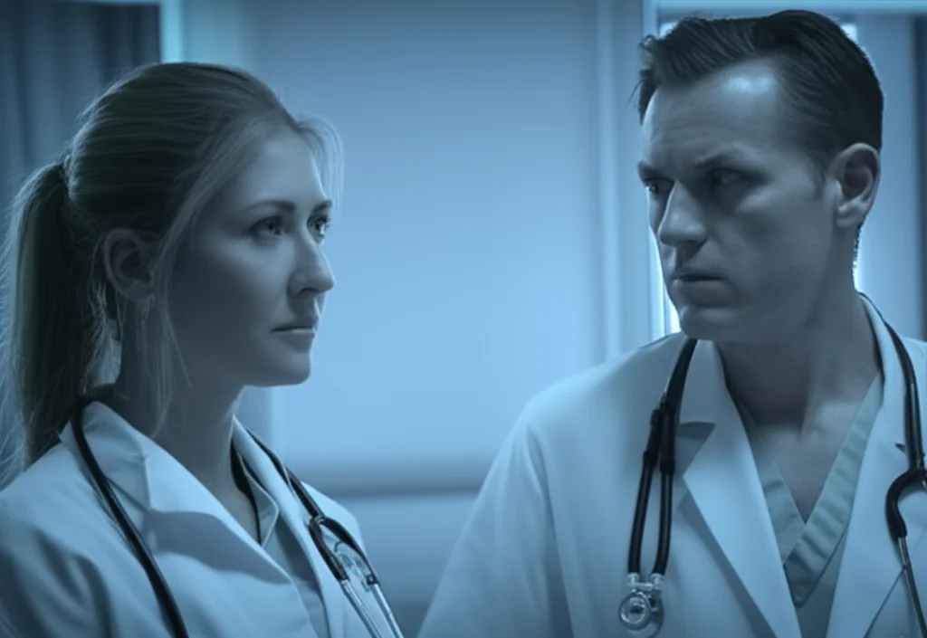 Photorealistic portrait of an emergency department nurse and physician looking at each other with mixed expressions, 35mm portrait, depth of field, blue and grey duotones.