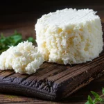 Primo piano di formaggio Erzurum civil cheese, con la sua caratteristica struttura fibrosa bianca, presentato su un tagliere di legno scuro rustico. Accanto, alcune erbe aromatiche fresche. Luce naturale laterale morbida, obiettivo macro 100mm, alta definizione, messa a fuoco precisa sulla texture del formaggio, sfondo leggermente sfocato.