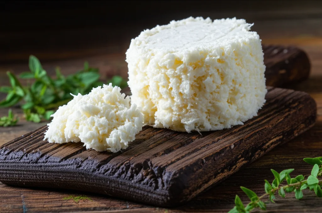 Primo piano di formaggio Erzurum civil cheese, con la sua caratteristica struttura fibrosa bianca, presentato su un tagliere di legno scuro rustico. Accanto, alcune erbe aromatiche fresche. Luce naturale laterale morbida, obiettivo macro 100mm, alta definizione, messa a fuoco precisa sulla texture del formaggio, sfondo leggermente sfocato.