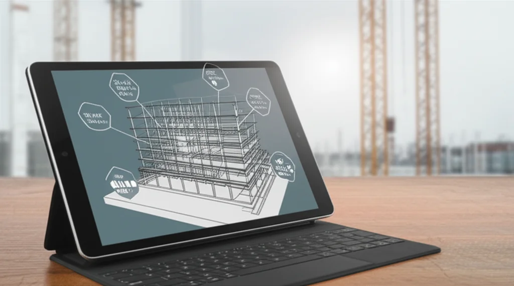 Primo piano di un tablet che mostra un modello BIM 3D di un edificio sostenibile, con sovrapposti diagrammi stilizzati che rappresentano i principi Lean (flusso, riduzione sprechi). Sullo sfondo, un cantiere moderno e pulito. Luce naturale brillante. Obiettivo prime 35mm, profondità di campo per sfocare leggermente lo sfondo, alta definizione.