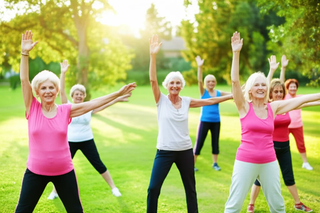Un gruppo eterogeneo di persone sorridenti di mezza età e anziani che partecipano a una lezione di ginnastica dolce all'aperto in un parco verdeggiante. Prime lens 35mm, depth of field che sfoca leggermente lo sfondo, luce solare calda del tardo pomeriggio.