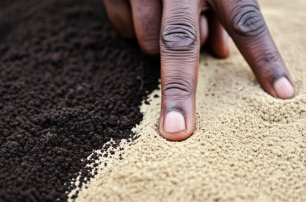 Macro fotografia, obiettivo da 90 mm, che mostra tipi di terreno contrastanti fianco a fianco in Uganda, uno scuro e dall'aspetto ricco, una luce e sabbiosa, con una mano alimentare di un agricoltore che punta tra di loro, dettagli elevati, illuminazione controllata.