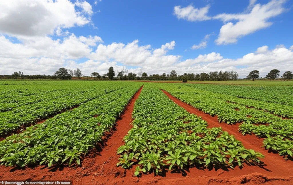 Il paesaggio grandangolare, le lenti da 18 mm, che mostra una grande trama agricola irregolare in Uganda con una diversa densità di vegetazione sotto un vasto cielo, focus acuto, che rappresenta sfide di eterogeneità del suolo.