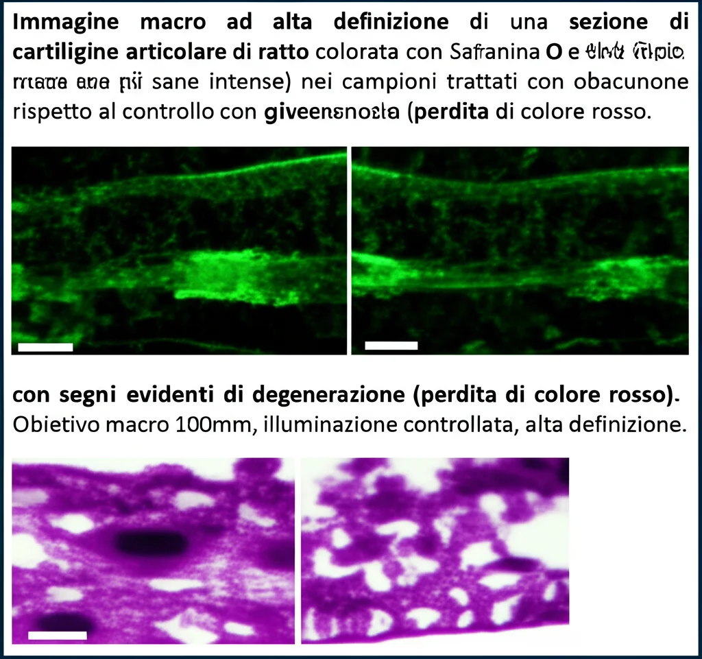 Immagine macro ad alta definizione di una sezione di cartilagine articolare di ratto colorata con Safranina O e Verde Rapido, che mostra aree più sane (rosse intense) nei campioni trattati con obacunone rispetto al controllo con segni evidenti di degenerazione (perdita di colore rosso). Obiettivo macro 100mm, illuminazione controllata, alta definizione.