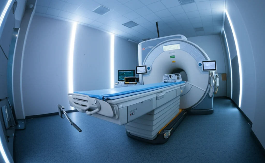 Interno di una moderna sala di risonanza magnetica, la macchina ben visibile al centro, con luci ambientali soffuse e schermi diagnostici sullo sfondo. Obiettivo grandangolare, 15mm, messa a fuoco nitida, che cattura l'atmosfera high-tech e pulita dell'ambiente medico.