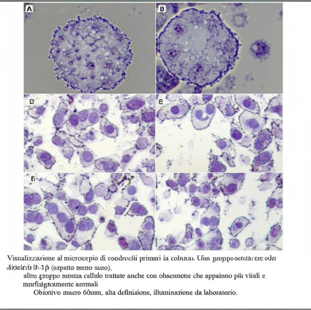 Visualizzazione al microscopio di condrociti primari in coltura. Un gruppo mostra cellule stressate da IL-1β (aspetto meno sano), un altro gruppo mostra cellule trattate anche con obacunone che appaiono più vitali e morfologicamente normali. Obiettivo macro 60mm, alta definizione, illuminazione da laboratorio.