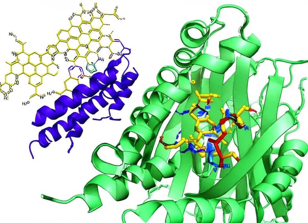 Rappresentazione grafica 3D del docking molecolare: la molecola di obacunone (struttura complessa) si inserisce perfettamente nel sito attivo della proteina HDAC1 (rappresentata come nastro o superficie). Evidenziati i legami idrogeno e pi-H tra le due molecole. Stile scientifico, alta risoluzione.