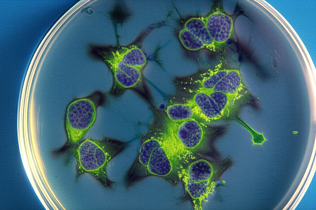 Immagine al microscopio stilizzata di cellule tumorali (es. MCF-7) in una piastra Petri. Minuscole particelle luminose (rappresentanti le nanoparticelle Fe3O4@FROP-1) sono visibili mentre si legano specificamente alla superficie di alcune cellule, ignorandone altre. Obiettivo macro, 60mm, alto dettaglio, messa a fuoco precisa sulle cellule con le particelle legate, sfondo leggermente sfocato.