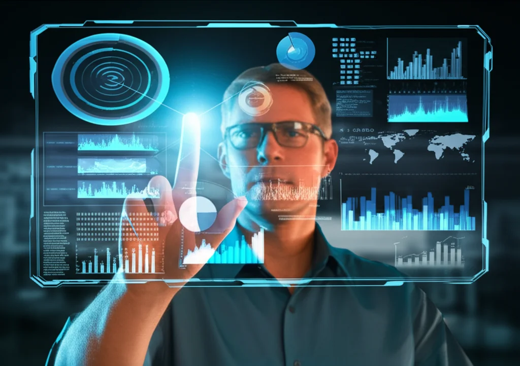Primo piano di un data scientist che interagisce con un'interfaccia utente futuristica mostrando grafici complessi generati da un LLM, illuminazione controllata, obiettivo macro 85mm, alta definizione.