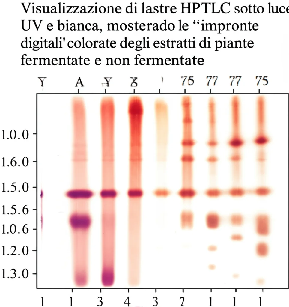 Visualizzazione di lastre HPTLC sotto luce UV e bianca, mostrando le 'impronte digitali' colorate degli estratti di piante fermentate e non fermentate. Dettaglio sulle bande separate corrispondenti agli acidi fenolici, alta definizione, illuminazione da laboratorio controllata.