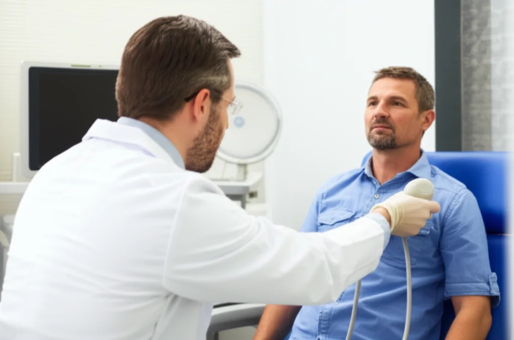 Immagine molto realistica di un medico che esegue un'ecografia carotidea su un paziente adulto in una clinica moderna a Shanghai. Obiettivo prime, 35mm, profondità di campo per mettere a fuoco l'interazione medico-paziente, illuminazione controllata, atmosfera serena e professionale.