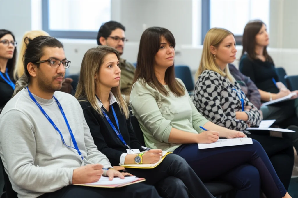 Ritratto fotografico di un gruppo diversificato di adulti di Shanghai (uomini e donne, varie età) che partecipano attivamente a un seminario informativo sulla prevenzione cardiovascolare. Obiettivo zoom, 35-70mm, luce naturale da finestra, espressioni attente e interessate, alcuni prendono appunti.