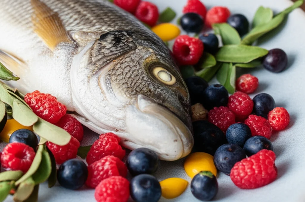 Fotografia macro di un piatto contenente cibi tradizionali aborigeni australiani come pesce alla griglia pescato localmente e bacche selvatiche raccolte nella boscaglia, illuminazione controllata laterale per evidenziare le texture, dettagli elevati, obiettivo macro 100mm.