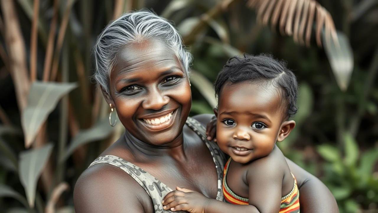 Ritratto fotografico di una donna Aborigena Australiana sorridente, di circa 30 anni, che tiene in braccio il suo bambino piccolo in un ambiente esterno naturale tipico di Cape York, Australia, con vegetazione tropicale sullo sfondo. Obiettivo 35mm, profondità di campo ridotta per sfocare lo sfondo, luce naturale morbida, bianco e nero.