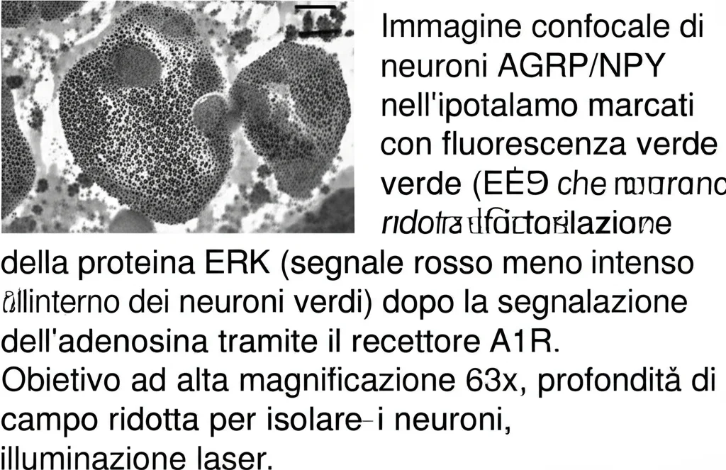 Immagine confocale di neuroni AGRP/NPY nell'ipotalamo marcati con fluorescenza verde (EGFP), che mostrano una ridotta fosforilazione della proteina ERK (segnale rosso meno intenso all'interno dei neuroni verdi) dopo la segnalazione dell'adenosina tramite il recettore A1R. Obiettivo ad alta magnificazione 63x, profondità di campo ridotta per isolare i neuroni, illuminazione laser.