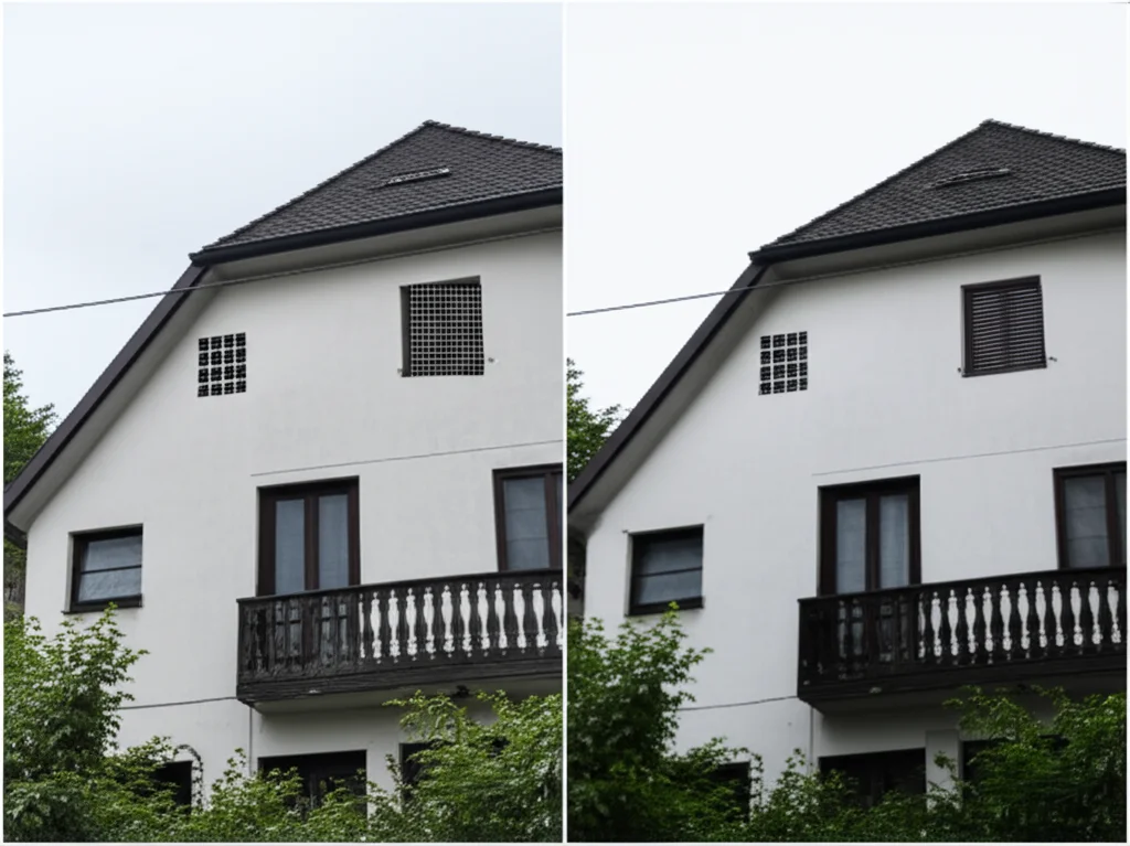 Immagine 'House' con rumore Poisson (peak 2) e il 40% di pixel mancanti (visualizzati come quadrati neri), affiancata alla sua ricostruzione completa e denoisata tramite P-BSC, mostrando la capacità di inpainting, obiettivo 35mm, profondità di campo.