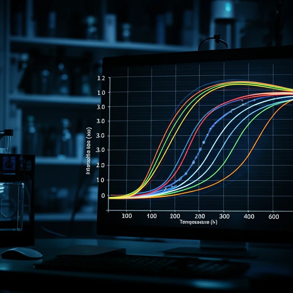 Grafico scientifico fotorealistico visualizzato su uno schermo high-tech in un laboratorio buio. Il grafico mostra due curve: una esponenziale crescente (emissione termica) e un'altra curva che parte più alta ma poi si appiattisce e infine segue la curva termica (emissione mista termica/non termica). Etichette: Intensità (asse Y), Temperatura (asse X). Illuminazione ambientale soffusa.