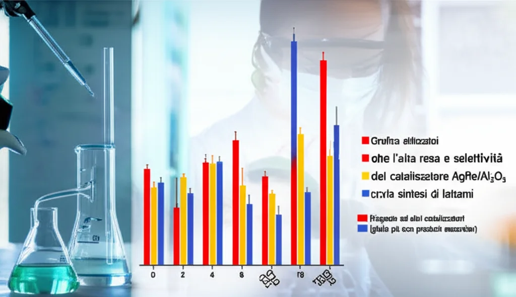 Grafico stilizzato che mostra l'alta resa e selettività del catalizzatore AgRe/Al2O3 per la sintesi di lattami (barre blu alte) rispetto ad altri catalizzatori (barre rosse/gialle più basse o con prodotti secondari). Sfondo pulito da laboratorio, colori vivaci ma professionali.