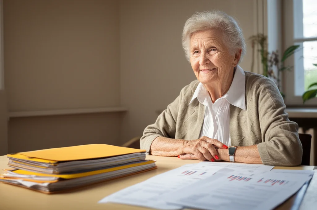 Ritratto di una persona anziana sorridente seduta a una scrivania con documenti finanziari ordinati, luce naturale dalla finestra, obiettivo 35mm, profondità di campo media per mostrare l'ambiente circostante ma mantenere il focus sulla persona.