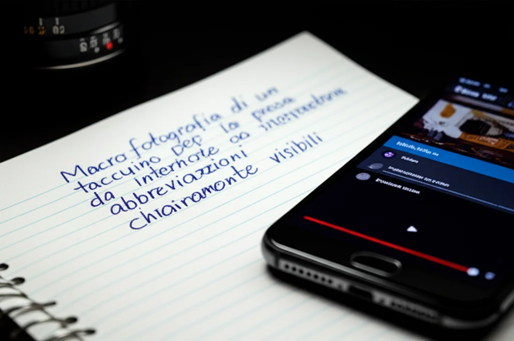 Macro fotografia di un taccuino per la presa di note da interprete, con simboli e abbreviazioni chiaramente visibili. Accanto, uno smartphone mostra un'interfaccia di un'app Daka con una registrazione audio in corso o appena caricata. Obiettivo macro 100mm, alta definizione, messa a fuoco precisa sui dettagli delle note e dello schermo, illuminazione da studio controllata.