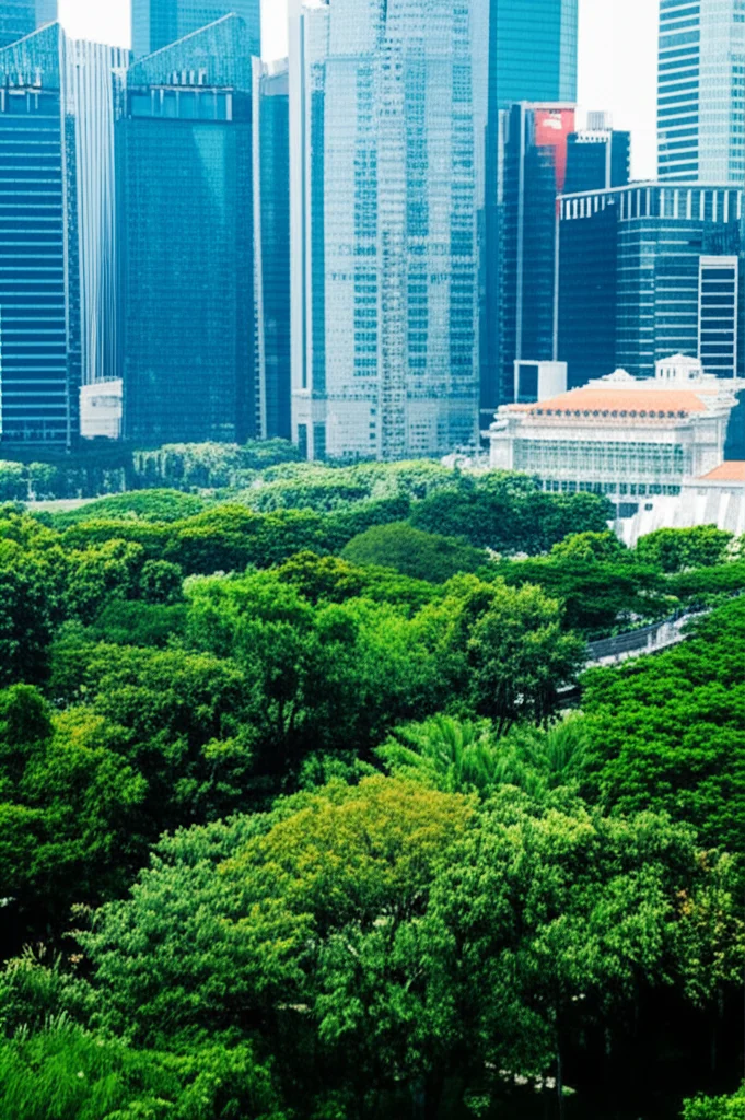 Fotografia di paesaggio urbano tropicale, obiettivo grandangolare 20mm, che mostra il netto contrasto tra edifici densi e accaldati sotto il sole e un parco lussureggiante e ombreggiato adiacente (come il BAMK Park a Singapore), mettendo in evidenza l'effetto isola di fresco. Luce solare intensa, focus nitido sulle diverse texture urbane e naturali.