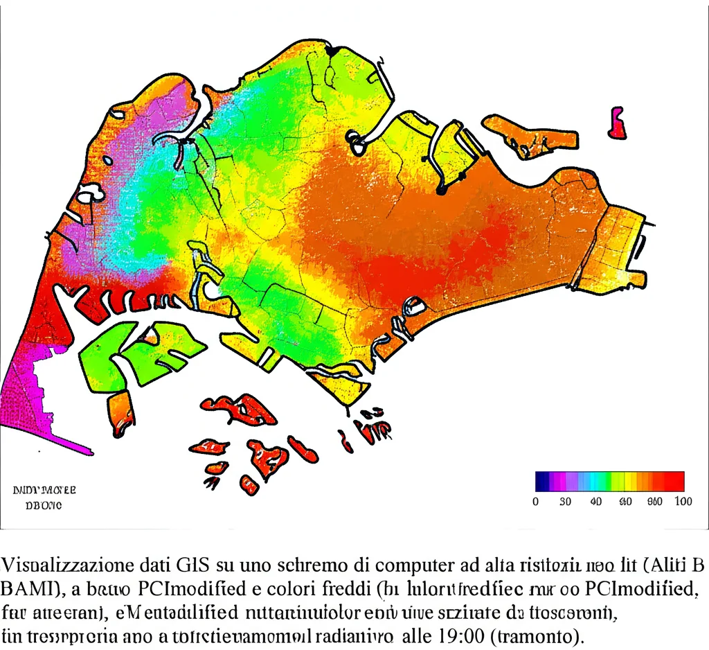 Visualizzazione dati GIS su uno schermo di computer ad alta risoluzione, che mostra una mappa di interpolazione spaziale (SIM) colorata del parco BAMK e delle aree circostanti a Singapore. La mappa usa colori caldi (rosso/arancione) per basso PCImodified e colori freddi (blu/verde) per alto PCImodified, evidenziando le zone di maggiore raffreddamento radiativo alle 19:00 (tramonto). Dettaglio elevato dei gradienti di colore.