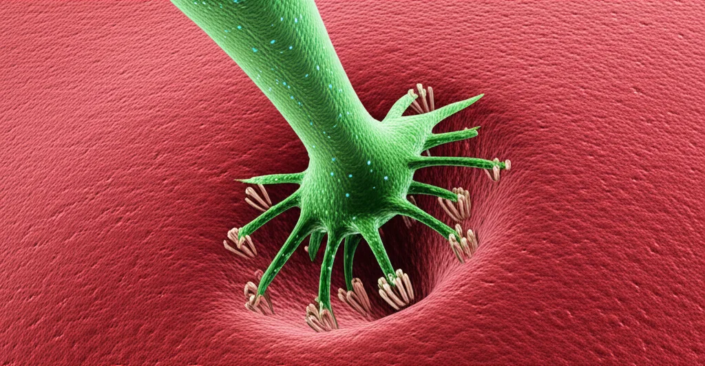 Immagine al microscopio fotorealistica ad alta risoluzione di una sinapsi. Si vede chiaramente una terminazione presinaptica (verde) rilasciare molecole di ATLAS (piccoli punti luminosi) verso una spina dendritica postsinaptica (rossa) che contiene recettori. Macro lens, 100mm, high detail, precise focusing, controlled lighting.