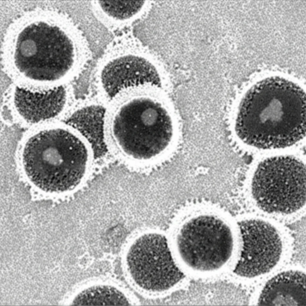 Microscopia elettronica a trasmissione di vescicole extracellulari (EVs) isolate da un campione di plasma, alta risoluzione, illuminazione controllata, lente macro 100mm, focus preciso sulle strutture sferiche delle vescicole, dettaglio elevato.