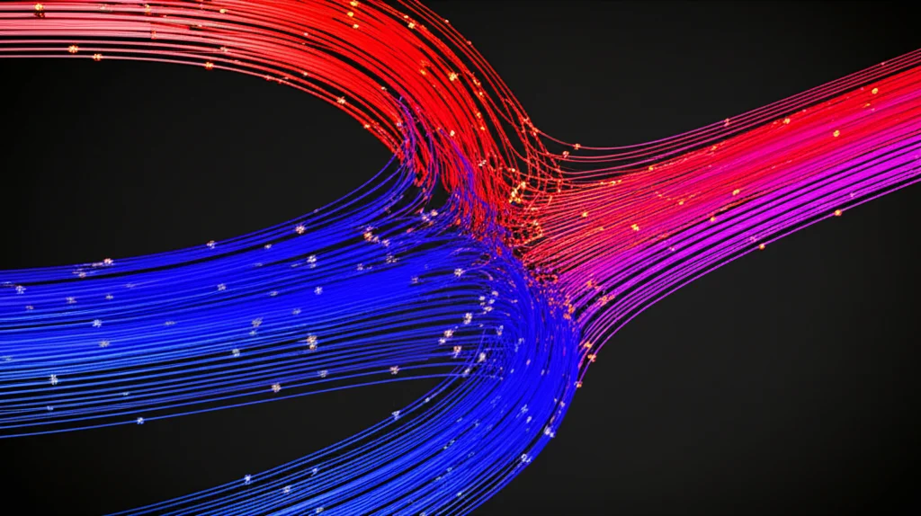 Visualizzazione astratta 3D di un campo vettoriale complesso che evolve nel tempo, rappresentante la diffusione veloce in un mezzo poroso. Linee di flusso colorate (dal blu freddo al rosso caldo) mostrano velocità diverse e possibili singolarità (punti molto luminosi). Lente prime 35mm, stile cinematografico con profondità di campo ridotta per focalizzare su una regione di interesse, illuminazione drammatica laterale.